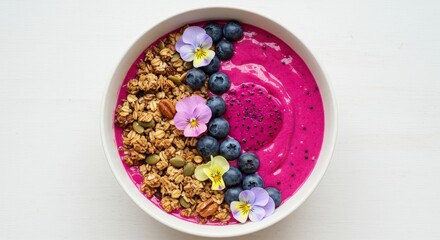 Overhead View of a Colorful Healthy Smoothie Bowl Garnished with Berries Granola and Edible Flowers on a White Background