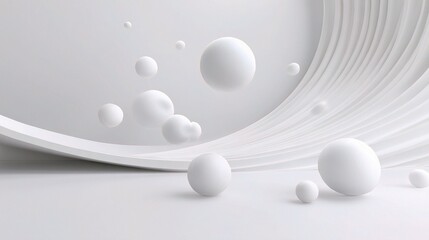 Minimalist 3D Abstract White Background with Spheres and Curved Lines
