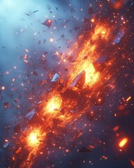 Fototapeta premium Fiery center with debris floats in the air against a smoky, blue backdrop