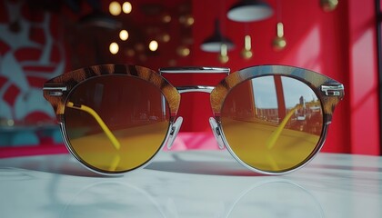 Stylish sunglasses on a table in a trendy cafe setting