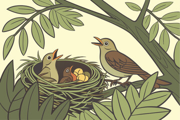 63 detailed nest surrounded by lush foliage, close-up shot of a nest with baby birds and parent bird, crisp focus, photorealistic, natural lighting, vibrant colors, depth of field