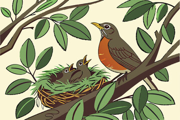 63 detailed nest surrounded by lush foliage, close-up shot of a nest with baby birds and parent bird, crisp focus, photorealistic, natural lighting, vibrant colors, depth of field