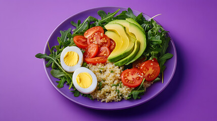 Vibrant plate filled with a balanced meal featuring avocado, hard-boiled eggs, cherry tomatoes, and quinoa, garnished with fresh salad greens.