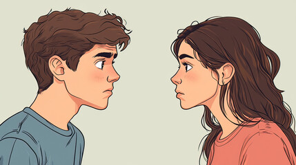 Young boy and girl. Cartoon characters are looking at each other AI generative