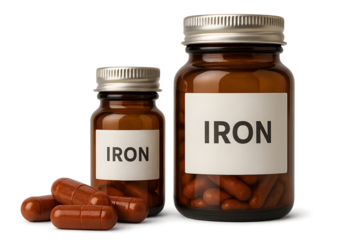 Two amber glass bottles labeled IRON, one larger and one smaller, containing brown iron supplements. Concept Iron Supplements, Amber Glass Bottles, Dietary Health, Nutritional Support