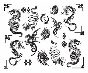 set of dragon tattoo art vector illustration, dragon tattoo art vector abstract just face had and flying etc black and white