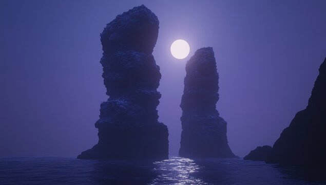 Mystical, moonlit rocks rise from a misty sea