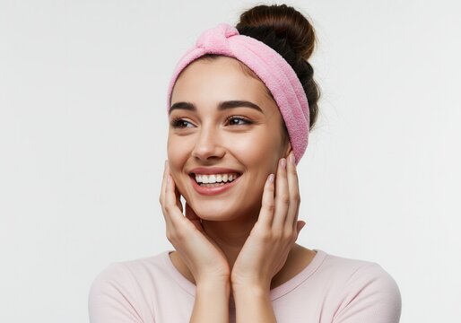 Smiling woman with pink headband touching her face on white background