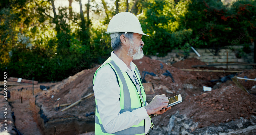 Poster building, tablet and thinking with construction worker man on site for architecture, development or 