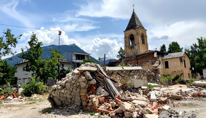 Stone Church Ruins Under a Partly Cloudy Sky