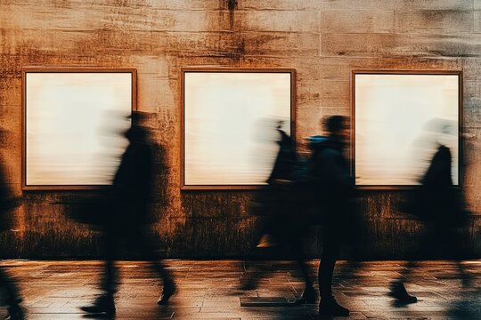 Blurred figures pass three empty gallery frames