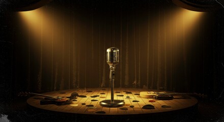 Vintage microphone on stage awaits a soulful performance guitar picks scattered nearby