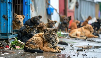 Stray Dogs and Cats Resting on Wet Ground Outdoors
