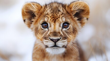 Fototapeta premium Close-up of a baby lion face, tiny whiskers visible, innocent gaze, pure white background, warm lighting, high-resolution, irresistibly cute
