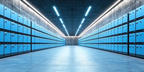 Rows of blue storage units in a modern, illuminated hallway