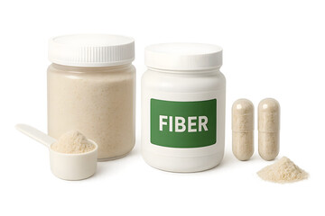 Containers of fiber supplement, including a jar of powder, a larger jar labeled FIBER, and capsules. Concept Fiber Powder Jar, FIBER Capsule Container, Dietary Supplement Variations