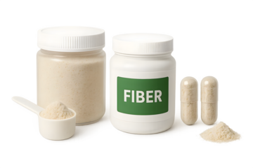 Containers of fiber supplement, including a jar of powder, a larger jar labeled FIBER, and capsules. Concept Fiber Powder Jar, FIBER Capsule Container, Dietary Supplement Variations