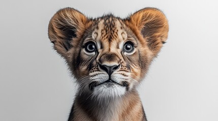 Obraz premium Black and white portrait of a lion cub, high-contrast lighting, artistic monochrome, white backdrop, timeless and elegant