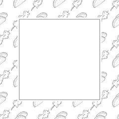 Food frame. doodle fast food square frame. hand drawn food and beverage frame background. food background