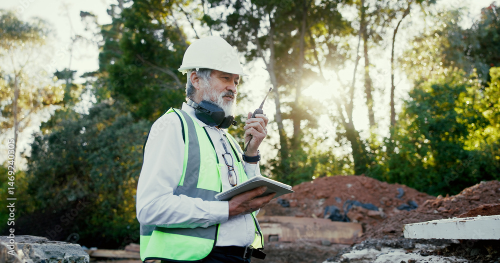 Poster architecture, radio and tablet with construction worker man on site for communication, development o