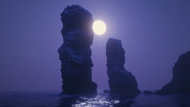Misty night, rocky outcrops, moonlit sea