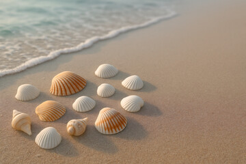 Seashells on Sandy Beach by Ocean Shore at Sunrise