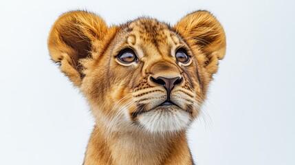 Obraz premium Lion cub sniffing the air, curious expression, white background, natural inquisitive pose, high-detail whiskers and fur