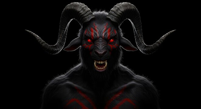 Fearsome Black Monster with Ram Horns and Glowing Red Eyes - Powered by Adobe