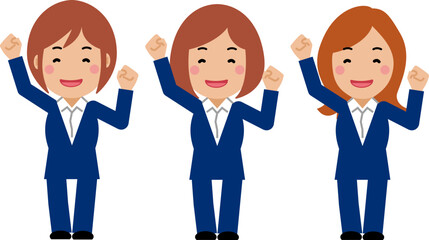 大きな身振りで応援する紺色スーツの若い女性