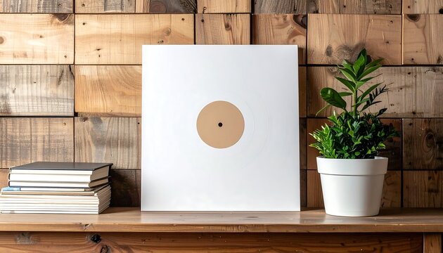 Blank White Record Mockup on Wooden Shelf