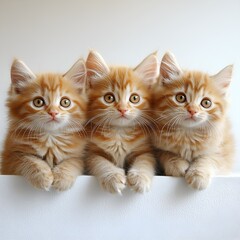 Three orange kittens are sitting on a white surface, looking at the camera. The kittens are all different sizes, with one being the smallest and the other two being larger. The scene is ..

