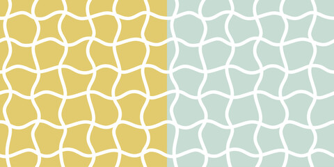 Seamless pattern set with abstract white wavy lines on pastel yellow and blue backgrounds. Ideal for modern textiles, wallpapers, wrapping paper, and minimal surface design.
