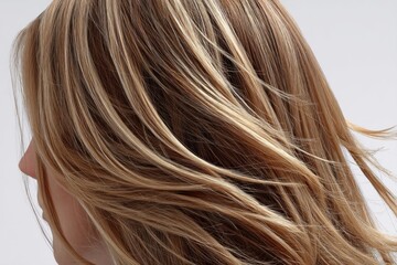 Fototapeta premium Blonde hair with soft waves is beautifully styled and stands out against a plain white background