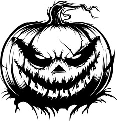 Obraz premium Creepy Halloween pumpkin with sinister grin in black ink style on transparent background.