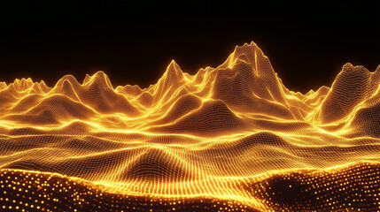 3D of a yellow mesh landscape with a black background. The golden desert mountains in the distance are made up of orange and white lines, glowing particles, a depth effect