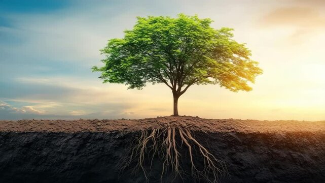 Camera glides toward a symbolic tree growing on a floating slice of Earth at sunset, showing roots and glowing terrain. AI generative 4K video