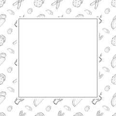 Food frame. doodle fast food square frame. hand drawn food and beverage frame background. food background