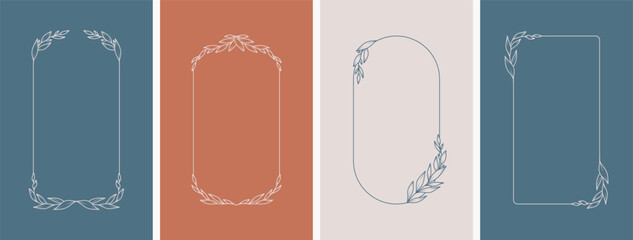 Elegant frames with hand drawn branches and leaves, design templates in line style. Vector backgrounds for wedding invitations, greeting cards, social media stories, label, corporate identity © Feodora_21