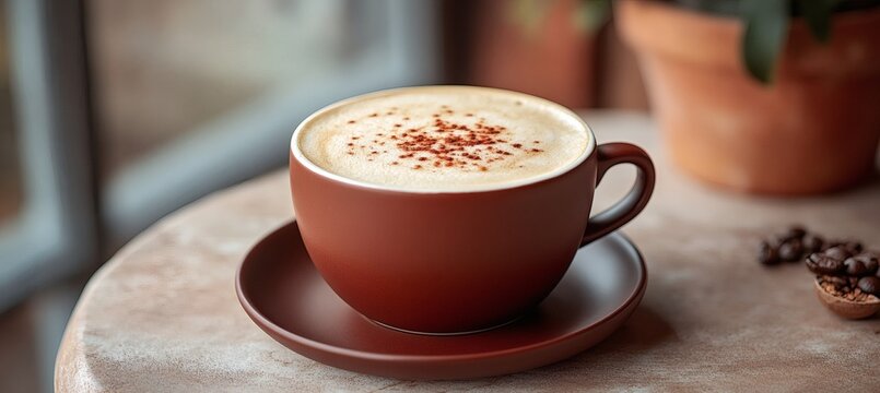 Maroon ceramic coffee cup with foamy top on matte saucer against neutral surface highlighting soft lighting comfort mood warm tones and tasteful beverage presentation,
