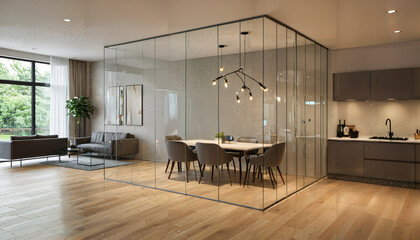 Intérieur moderne avec verrière séparant le salon de la cuisine