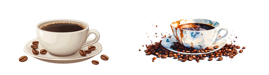 artistic of coffee cups, one plain white, and the other decorated, full of dark brown coffee isolated on transparent background