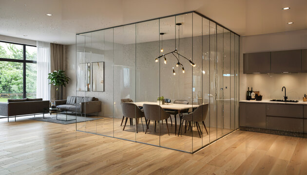 Int&eacute;rieur moderne avec verri&egrave;re s&eacute;parant le salon de la cuisine