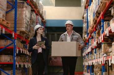 Distribution warehouse manager and client businesswoman using digital tablet checking inventory storage on shelf. Storehouse supervisor worker and logistic engineer standing together at storage room.
