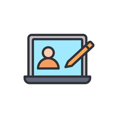 Digital identity creation concept represented by laptop, figure, and pencil