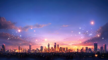 Fototapeta premium A city skyline with glowing lights emerging as the sky turns dark at dusk, with a few clouds scattered in the sky.