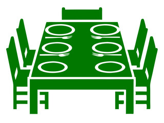 Green vector illustration of a dining table set ready for a meal with place settings