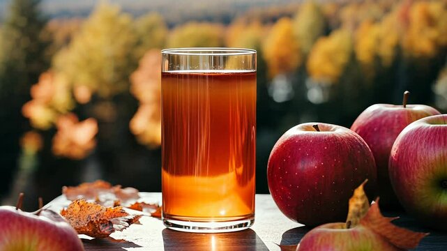 Glass of apple juice beside red apples and autumn leaves, on a table outside. Harvested fruits concept for Thanksgiving or fall season marketing material.