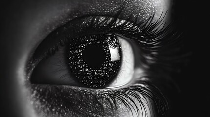 A mesmerizing close-up of a human eye, showcasing intricate details in the lashes and a reflective surface with a digital pattern.