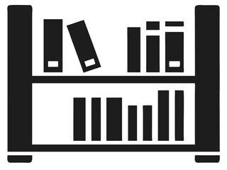 Minimalist black bookshelf silhouette design with various books and shelves.