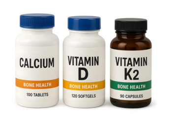 Bottles of dietary supplements for bone health, including Calcium, Vitamin D, and Vitamin K2, each with specified quantities. Concept Calcium Supplements, Vitamin D Dosage, Vitamin K2 Benefits